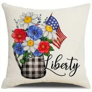 NEW LINEN BLEND PATRIOTIC FOURTH OF JULY "LIBERTY" FLORAL DECOR PILLOW COVER